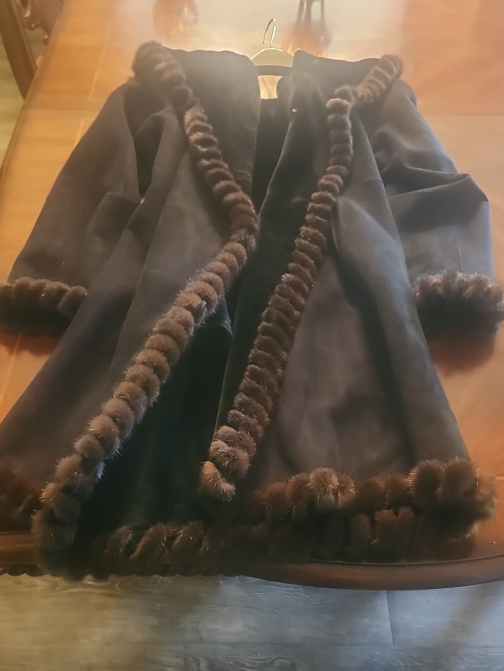 Genuine Shearling Fur Trim Mid Length Coat